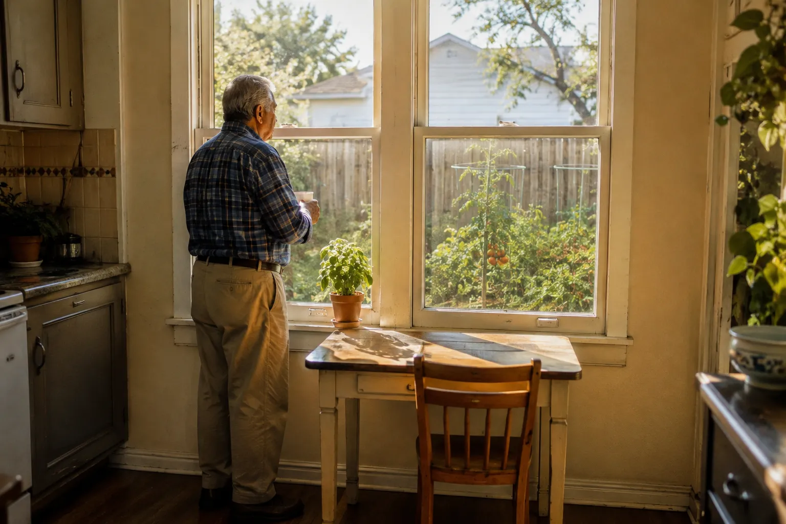 Older man at his kitchen window holding a mug, a quiet morning that reflects senior mental health at home